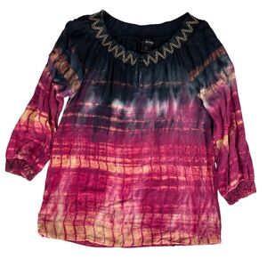 Ali Miles Tie Dye Blouse Long Sleeve‎ Embroidered Neck Size XS